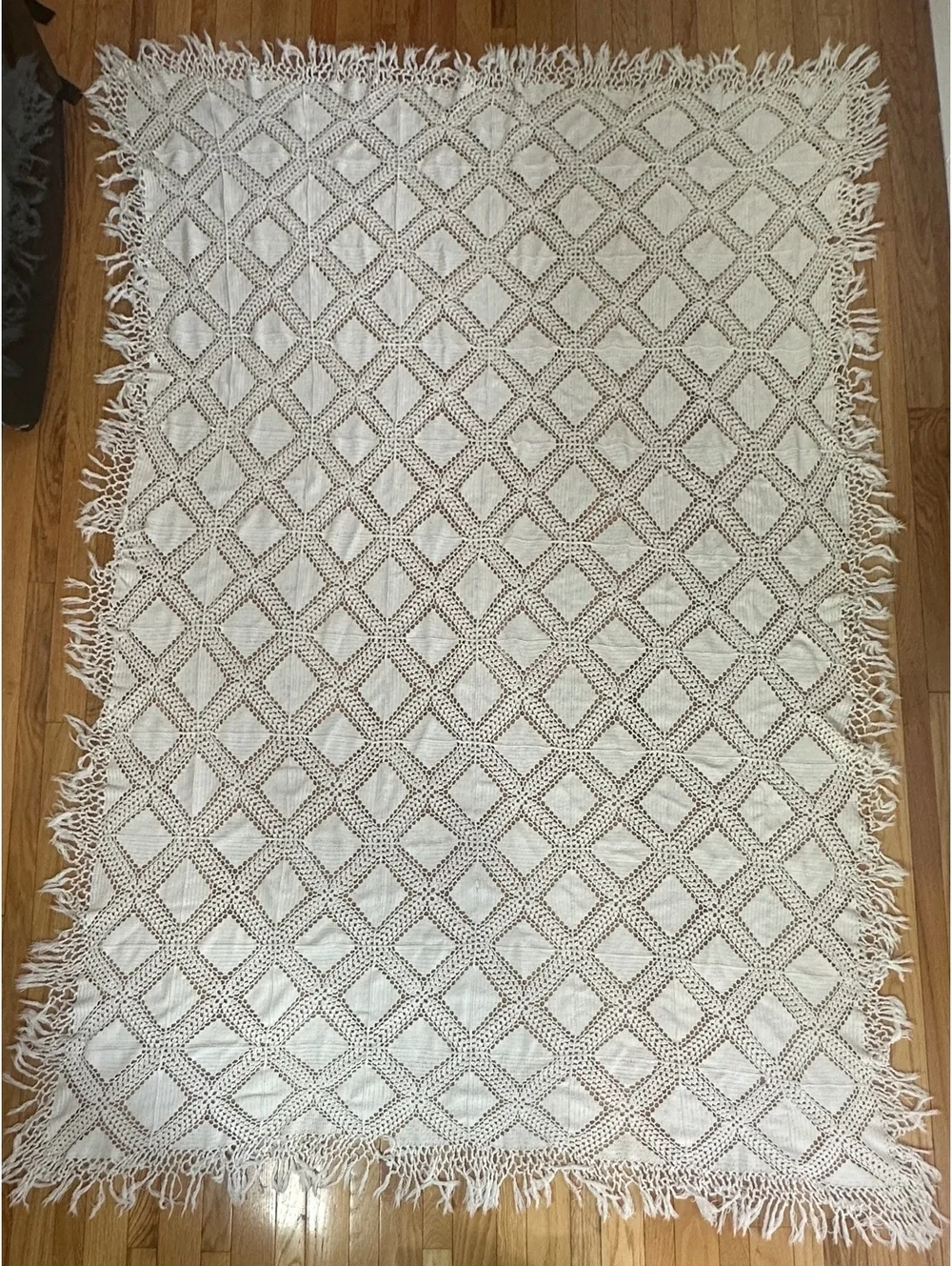 Vtg Handmade Crocheted Bedspread 97x70 Diamond Lattice Cottagecore Boho Throw